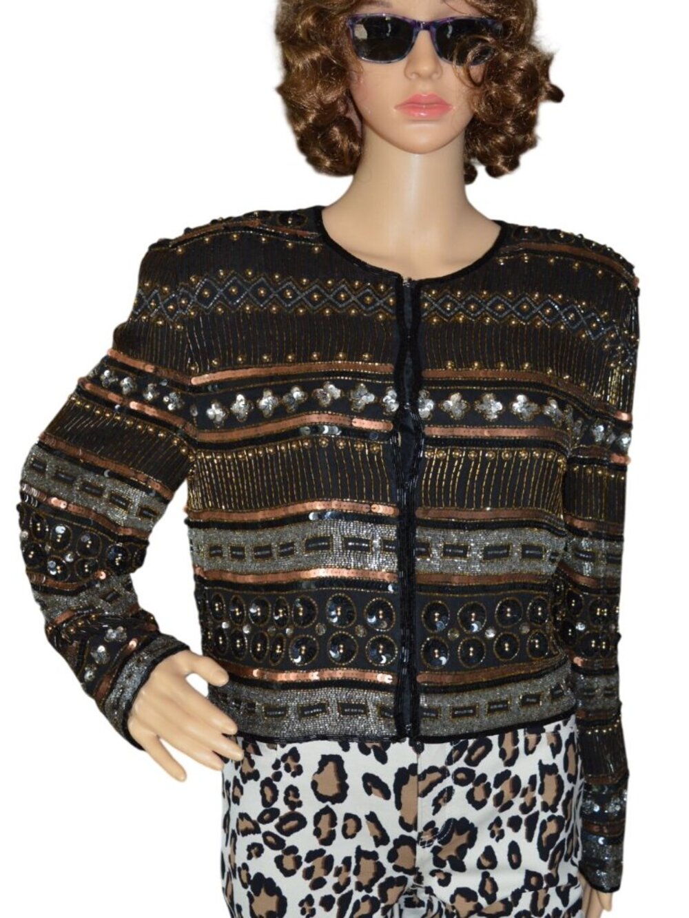 Vintage 90s Night Vogue Silk Beaded Evening Jacket Women's Size M Black Bronze
